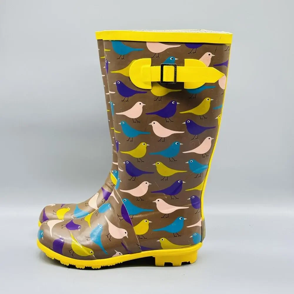 Mini Boden Boots Youth Girls 3‎ Yellow Brown Rain Bird Print Rubber Tall
